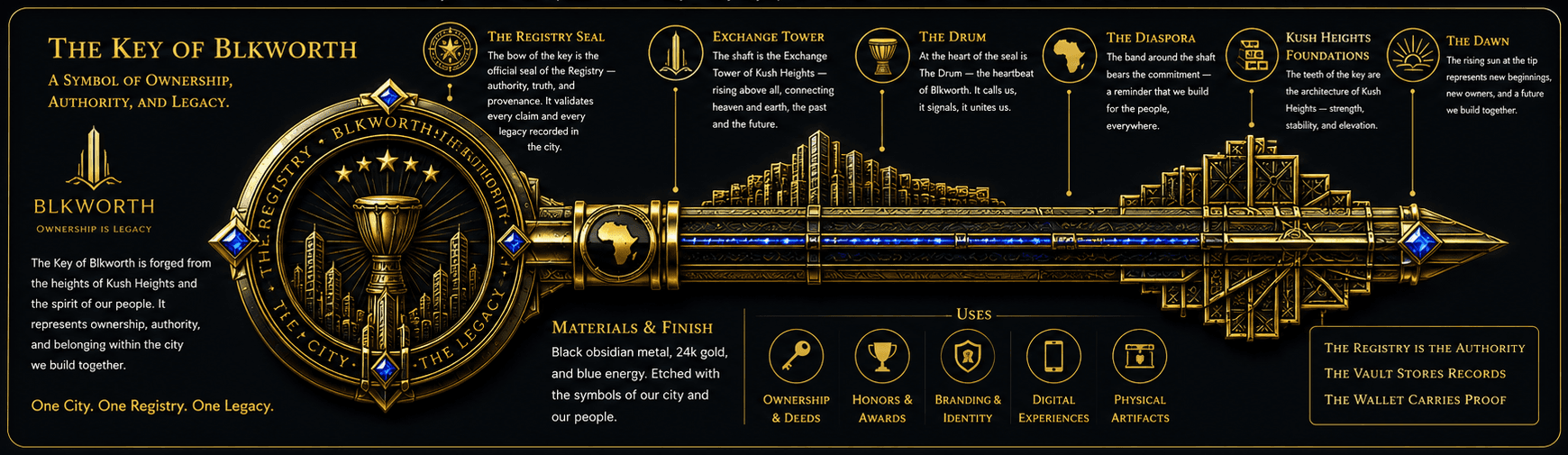 The Key of Blkworth, explained — the Registry Seal crown, Exchange Tower spine, the Drum, the Diaspora band, Kush Heights teeth, and the Dawn at its tip