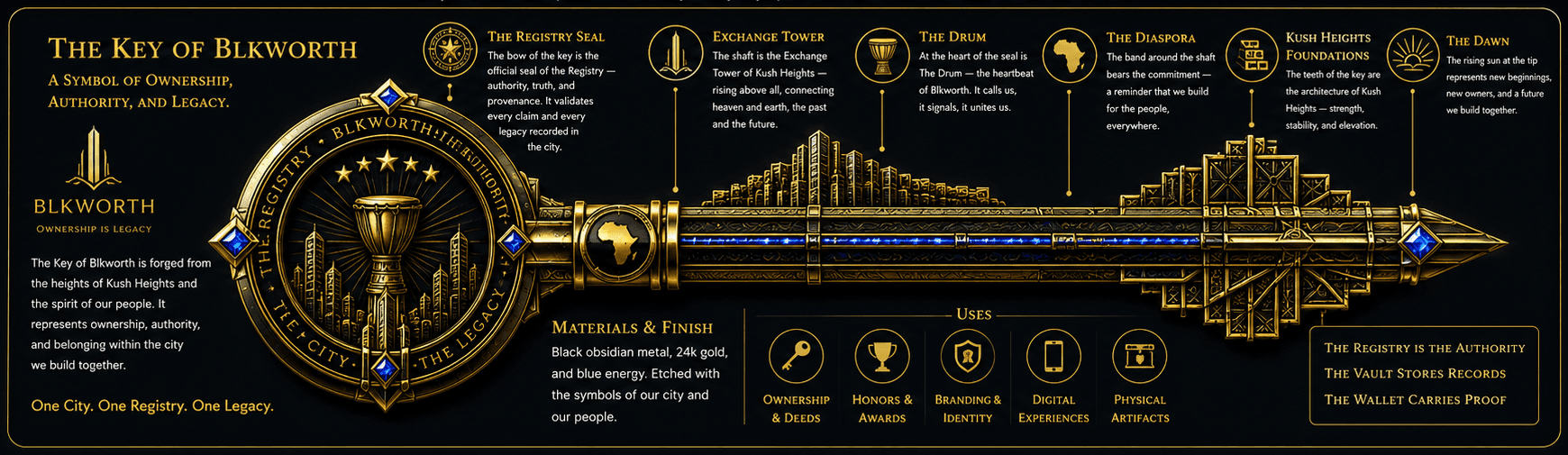 The Key of Blkworth, explained — the Registry Seal crown, Exchange Tower spine, the Drum, the Diaspora band, Kush Heights teeth, and the Dawn at its tip